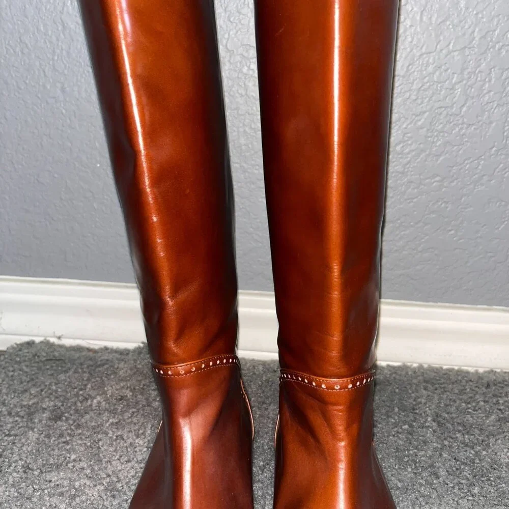 BASSOTTO KNEE HIGH RIDING BOOTS COGNAC LEATHER BROGUE DETAILS MADE IN ITALY EU40